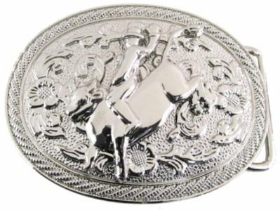 western beltbuckle bull rider on oval silver belt buckle